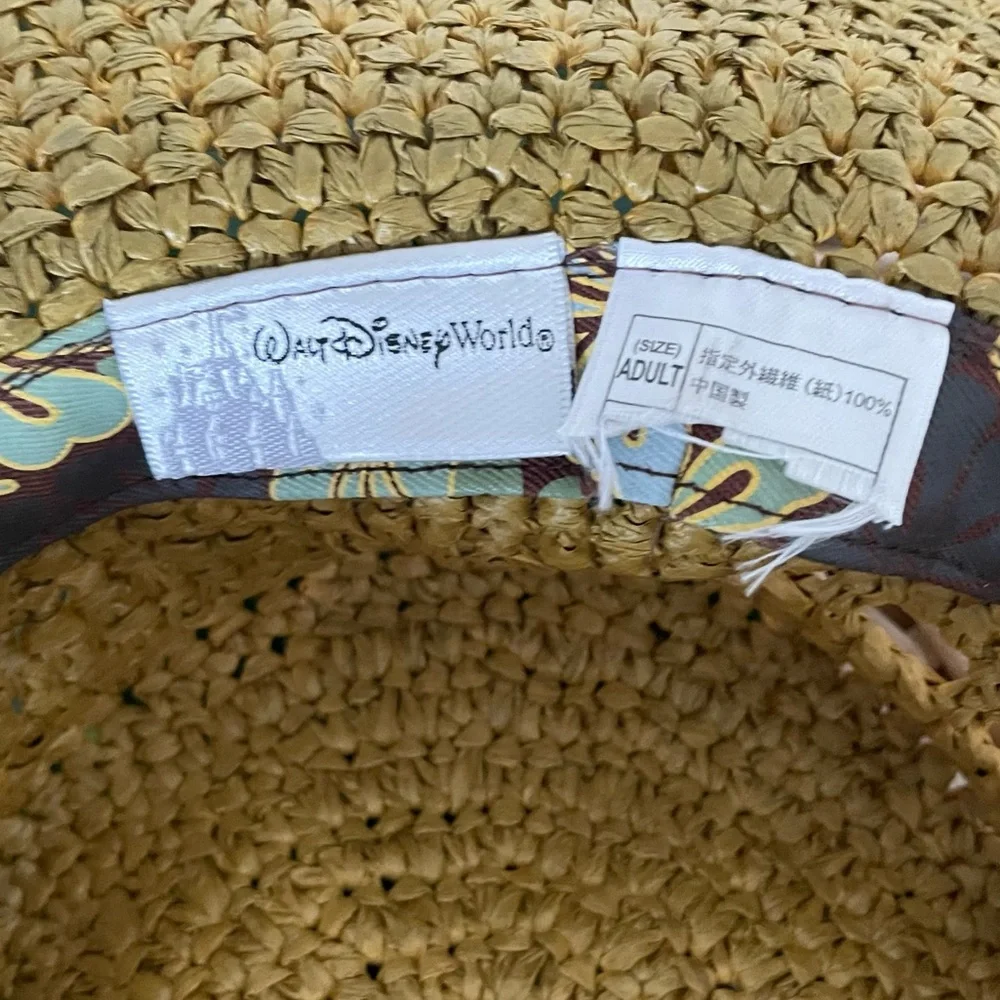 Disney Parks Mickey Mouse Woven Straw Floppy Hat Carved Wood Mickey Mouse summer
